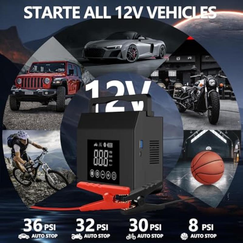 Portable Car Jump Starter, 4000A Jump Starter + 150PSI Tire Inflator, 15000mAh Power Bank, LED Light – 4-in-1 Road Rescue