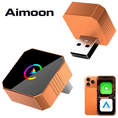 Aimoon's New CarPlay Orange CarPlay2026 wireless adapter, compatible with iPhone/Android, features fast connection, zero latency, high-quality acrylic construction, hands-free calling, electronic charger, and a compact orange design.