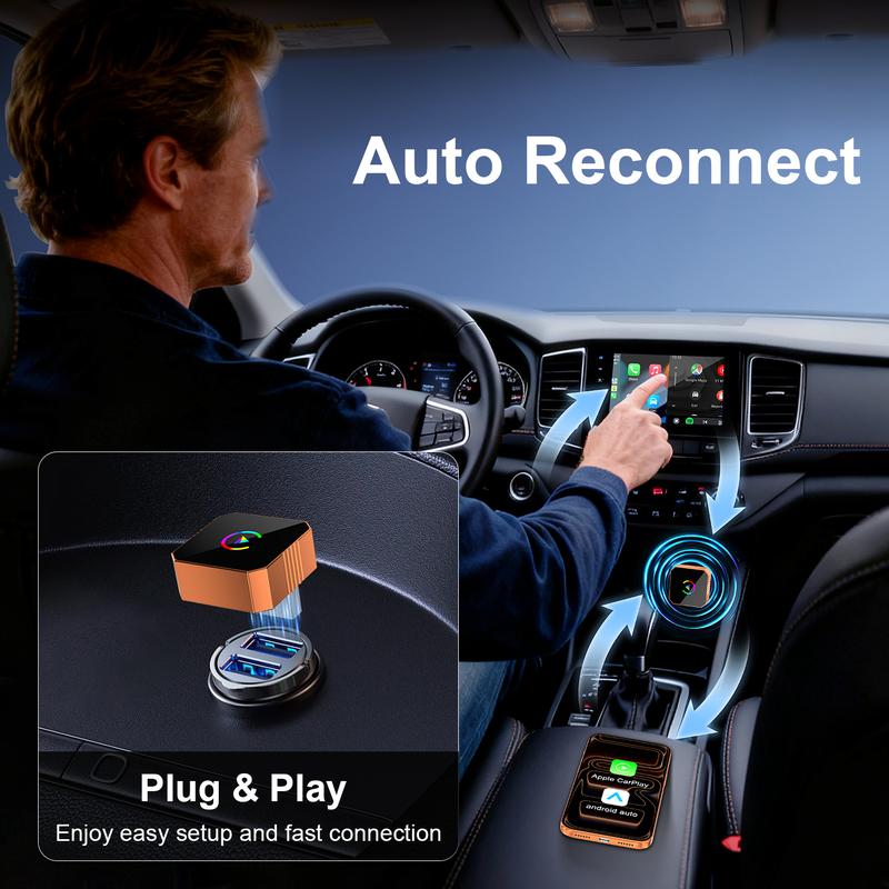 Aimoon's New CarPlay Orange CarPlay2026 wireless adapter, compatible with iPhone/Android, features fast connection, zero latency, high-quality acrylic construction, hands-free calling, electronic charger, and a compact orange design.