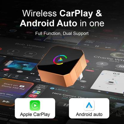 Aimoon's New CarPlay Orange CarPlay2026 wireless adapter, compatible with iPhone/Android, features fast connection, zero latency, high-quality acrylic construction, hands-free calling, electronic charger, and a compact orange design.