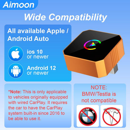 Aimoon's New CarPlay Orange CarPlay2026 wireless adapter, compatible with iPhone/Android, features fast connection, zero latency, high-quality acrylic construction, hands-free calling, electronic charger, and a compact orange design.