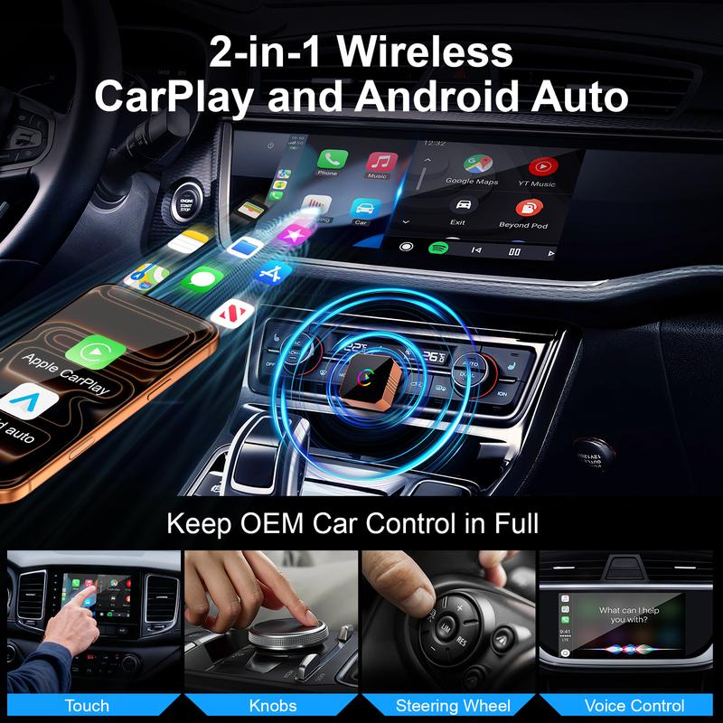 Aimoon's New CarPlay Orange CarPlay2026 wireless adapter, compatible with iPhone/Android, features fast connection, zero latency, high-quality acrylic construction, hands-free calling, electronic charger, and a compact orange design.