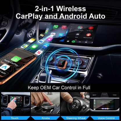 Aimoon's New CarPlay Orange CarPlay2026 wireless adapter, compatible with iPhone/Android, features fast connection, zero latency, high-quality acrylic construction, hands-free calling, electronic charger, and a compact orange design.