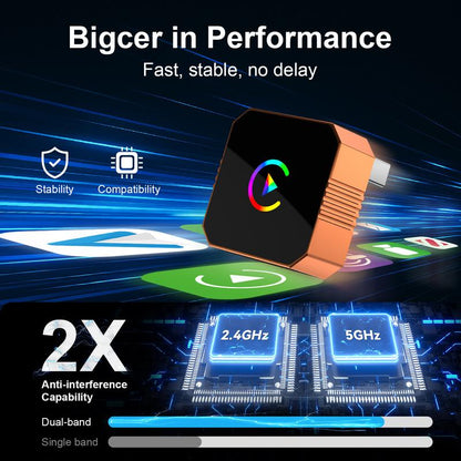 Aimoon's New CarPlay Orange CarPlay2026 wireless adapter, compatible with iPhone/Android, features fast connection, zero latency, high-quality acrylic construction, hands-free calling, electronic charger, and a compact orange design.