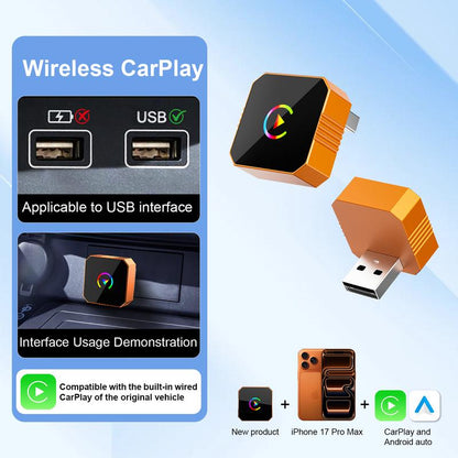 Aimoon's New CarPlay Orange CarPlay2026 wireless adapter, compatible with iPhone/Android, features fast connection, zero latency, high-quality acrylic construction, hands-free calling, electronic charger, and a compact orange design.